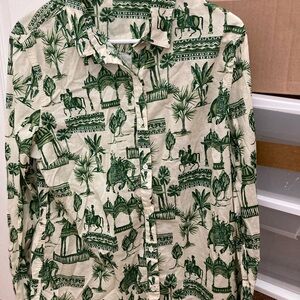 J. McLaughlin Lois Cotton Desert Toile Print Button Up Shirt XL Green & Cream